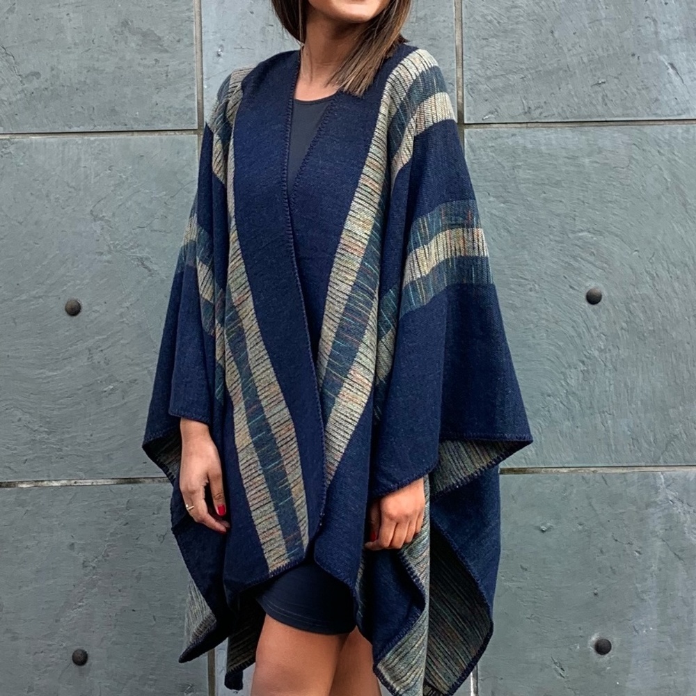 1 LEFT Dusty Navy Striped Wrap Poncho